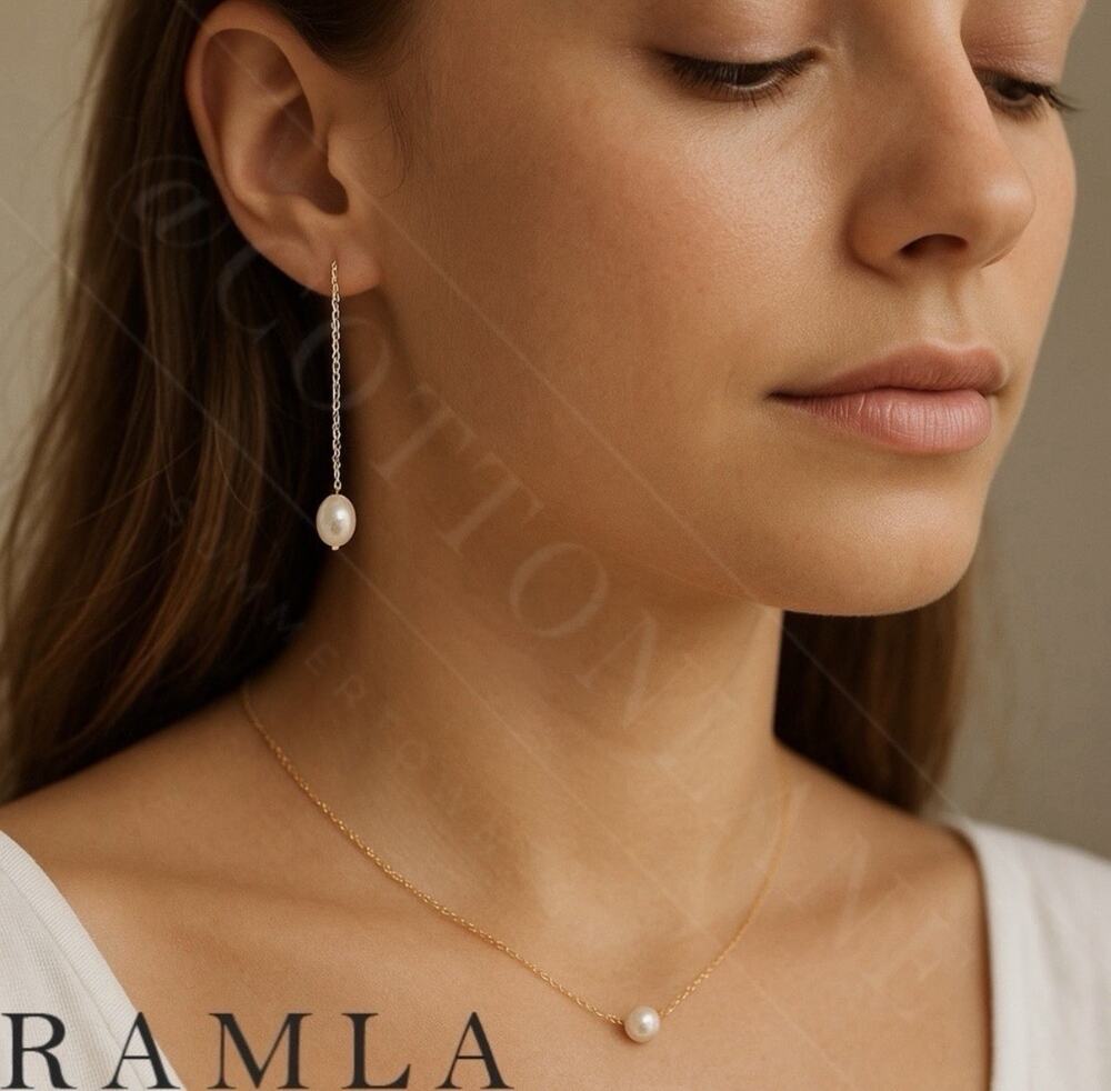 Ramla NWT Freshwater Pearl Necklace Earrings Set 14K Gold Plated Minimalist